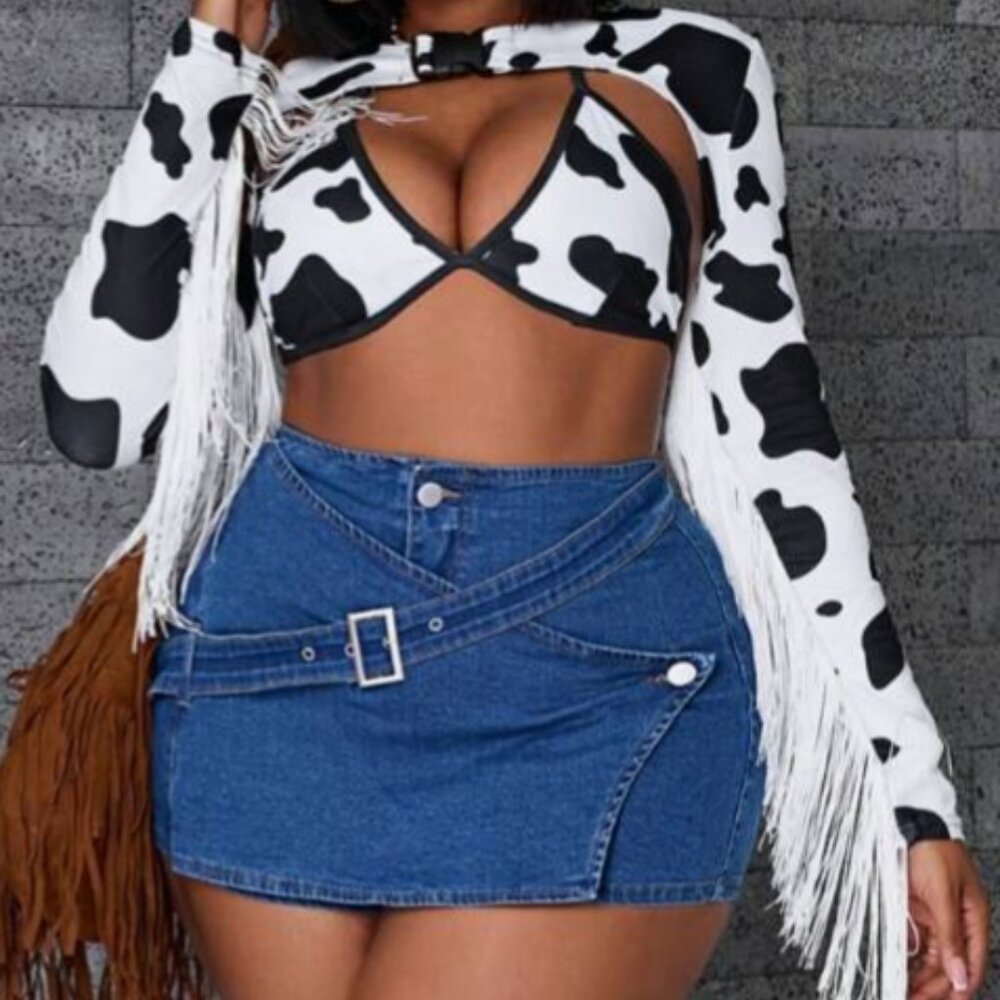 Asymmetric Denim Buckle Skort High Waist-SHEIN